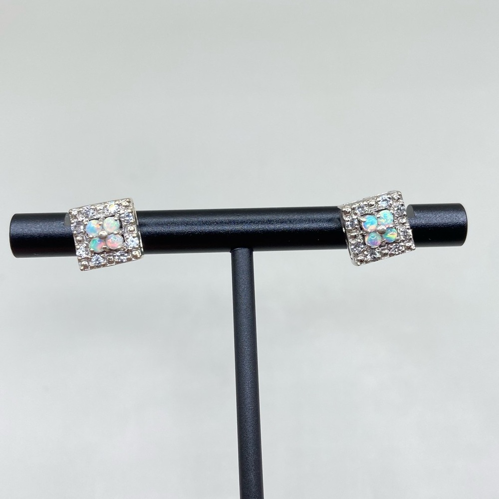 Silver Pave Opal Square Post Earrings